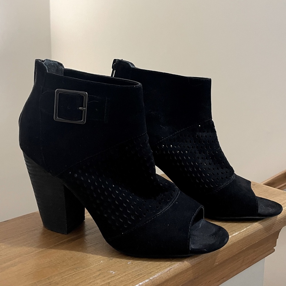 Black suede , open toe booties